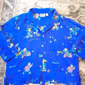 Vintage Chico's Design 100% Silk Blue Asian Kids Kites Fish Button Down Blouse
